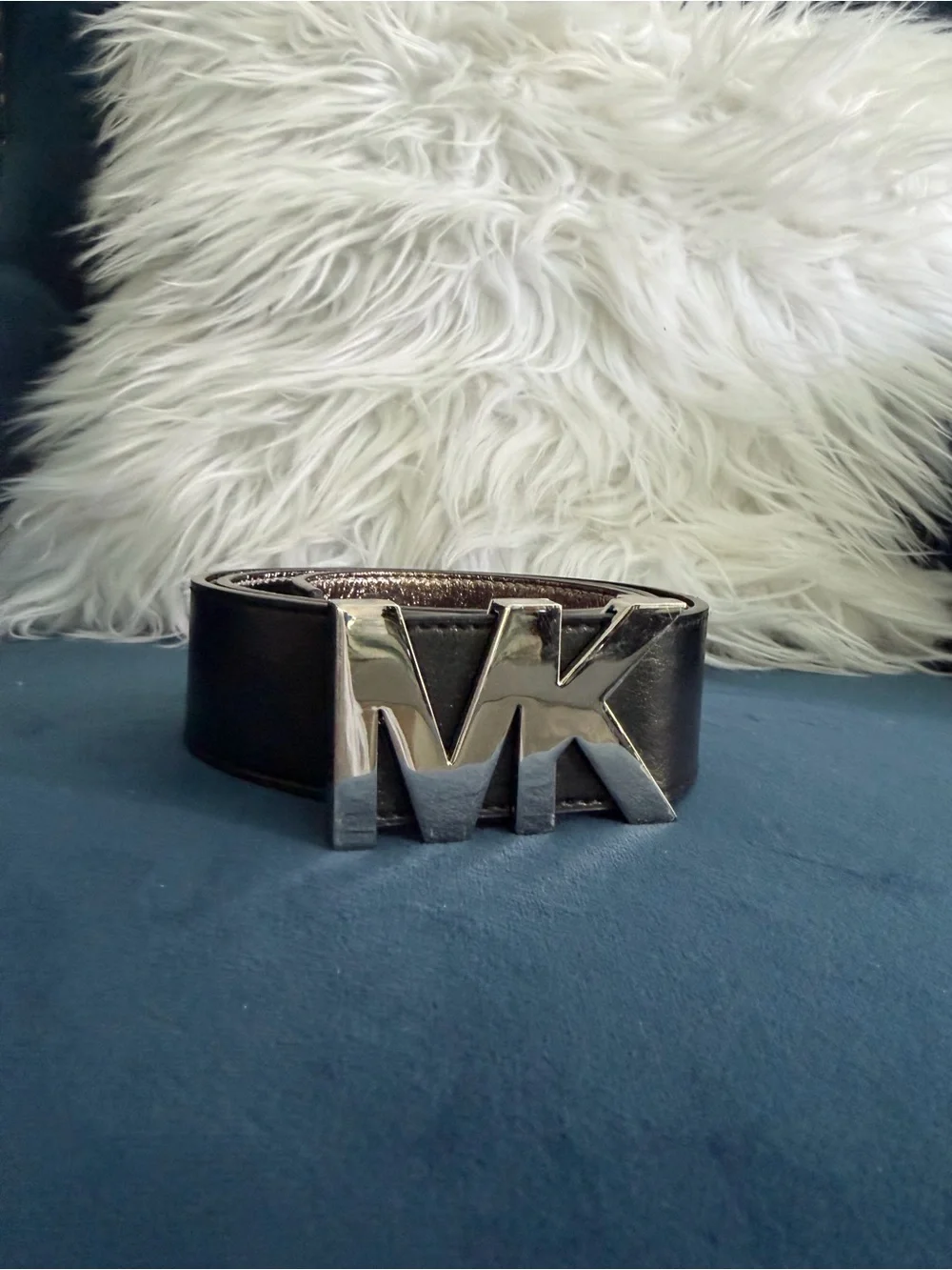 Michael Kors Black Leather Belt with Silver MK Logo Buckle